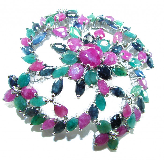 Heirloom Genuine 65.5 carat Kasmir Ruby Emerald Sapphire .925 Sterling Silver handmade Pendant - Brooch - Close-up of heirloom ruby, emerald, sapphire cluster brooch.