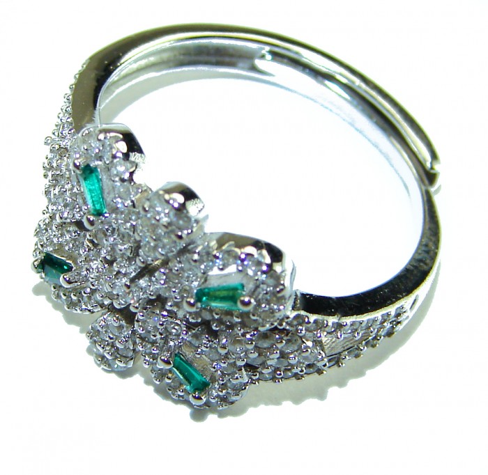 Luxurious 3.5 carat Emerald White Sapphire .925 Sterling Silver handcrafted Statement Ring size 8 - Side view of luxurious emerald and sapphire sterling silver ring.