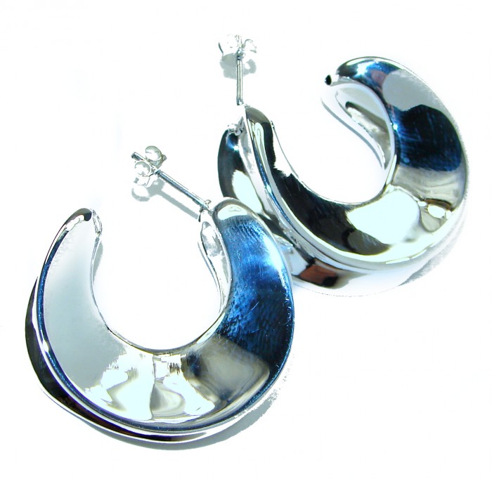 LARGE - EXTRAVAGANZA - Highly Polished Fancy .925 Sterling Silver Italy made Earrings - Close-up of large polished sterling silver hoop earrings.