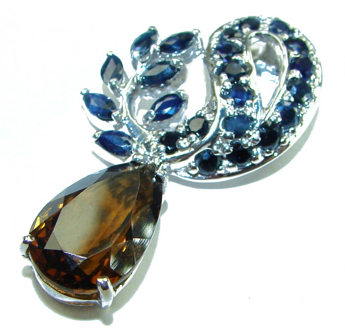 Celestial peace Authentic 9.5 carat Smoky Topaz Sapphire .925 Sterling Silver handmade Statement Pendant - Close-up of Celestial Peace Smoky Topaz and Sapphire pendant.