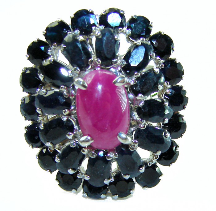 Bella Rosa Genuine 18.8 CARAT Ruby Sapphire .925 Sterling Silver Large Statement Ring size 6 - Close-up of Bella Rosa ruby and sapphire ring in sterling silver.