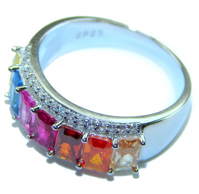 Precious Rainbow- authentic 8.2 carat multigem .925 Sterling Silver Eternity Ring size 6 - Side view of Sterling silver ring with multicolor gemstones.