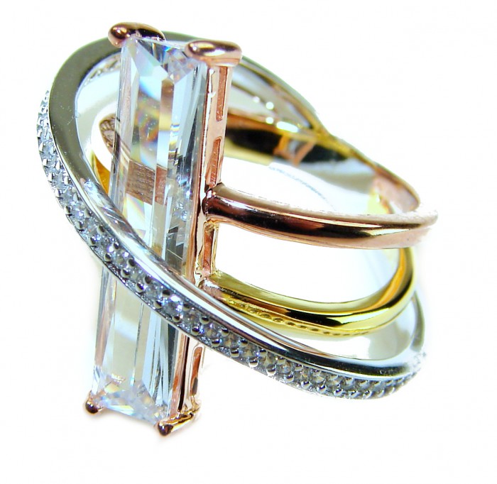 Modern Art 8.6 ctw White Topaz 2 tones .925 Sterling Silver handcrafted Statement Ring size 6 - Close-up of modern art ring with white topaz, two-tone design.