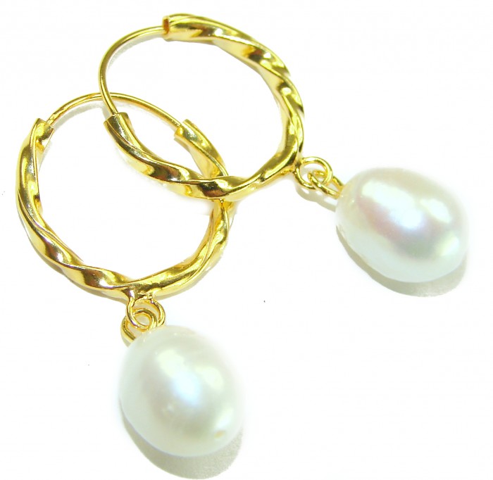 Genuine Pearl 14K Gold over .925 Sterling Silver handcrafted Statement Earrings - Gold hoop earrings with pearl drops, twisted design, close-up view.