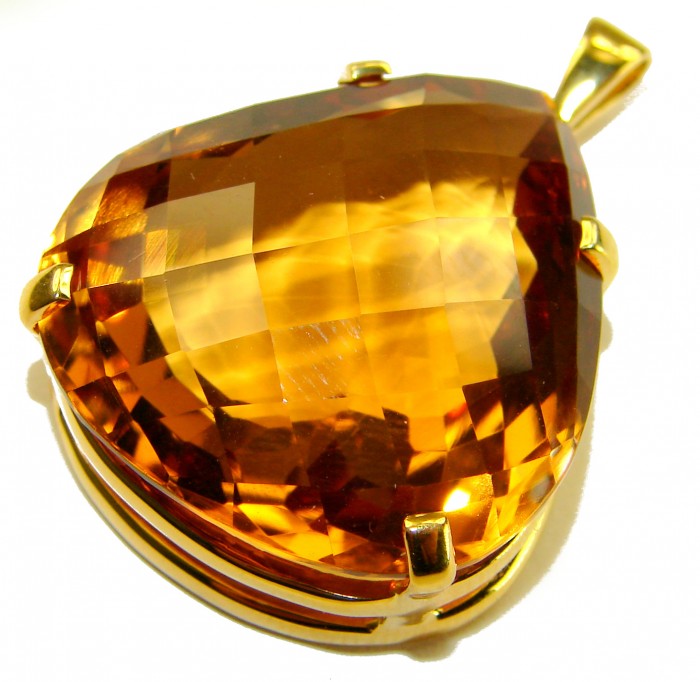 Luxury genuine 41.5 CARAT pear cut Champagne Topaz .925 Sterling Silver dipped in 18K Gold handmade Pendant - Close-up of 41.5 carat pear cut champagne topaz pendant in gold setting