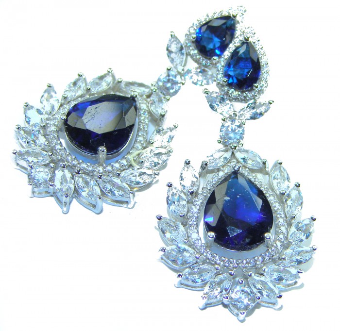 Vintage style - Giovanna - Authentic pear cut 8.9 carat Sapphire .925 Sterling Silver handcrafted earrings - Close-up of vintage-style pear-cut sapphire earrings with clear stones.