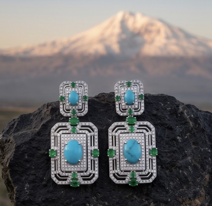 Art Deco - Pacifica - 108.8 carat Turquoise Emerald .925 Sterling Silver handmade Statement LONG Earrings - Art Deco earrings with turquoise and emerald on rock, mountain backdrop