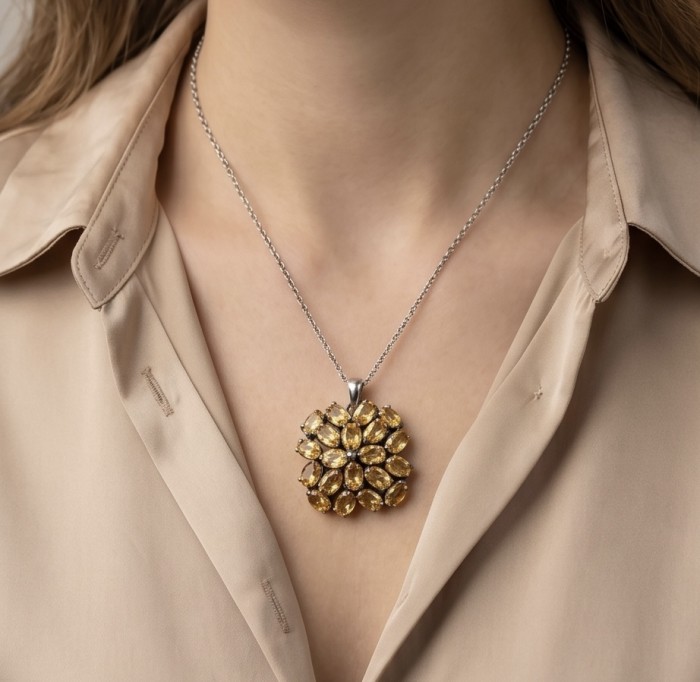 Valentina - Vintage Design Genuine 18.5 carat Citrine .925 Sterling Silver dipped in black rhodium handmade Pendant - Necklace with 18.5 ct citrine pendant worn on neck, front view.