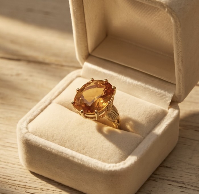 22.8 carat Genuine Heliodor 18K Gold over .925 Sterling Silver handcrafted ring size 10 - Heliodor ring in box, front view, 18K Gold over Sterling Silver