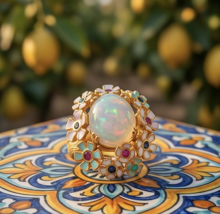 Enchantment Genuine 10.8 carat Opal 18K Gold over .925 Sterling Silver handmade Ring size 6 1/4 - Opal ring with floral design on ornate background, stone close-up