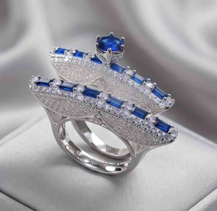 Extravaganza Large 5.6 carat Sapphire .925 Sterling Silver brilliantly handcrafted stack up ring s. 7 - Side view of Extravaganza Sapphire Sterling Silver ring.