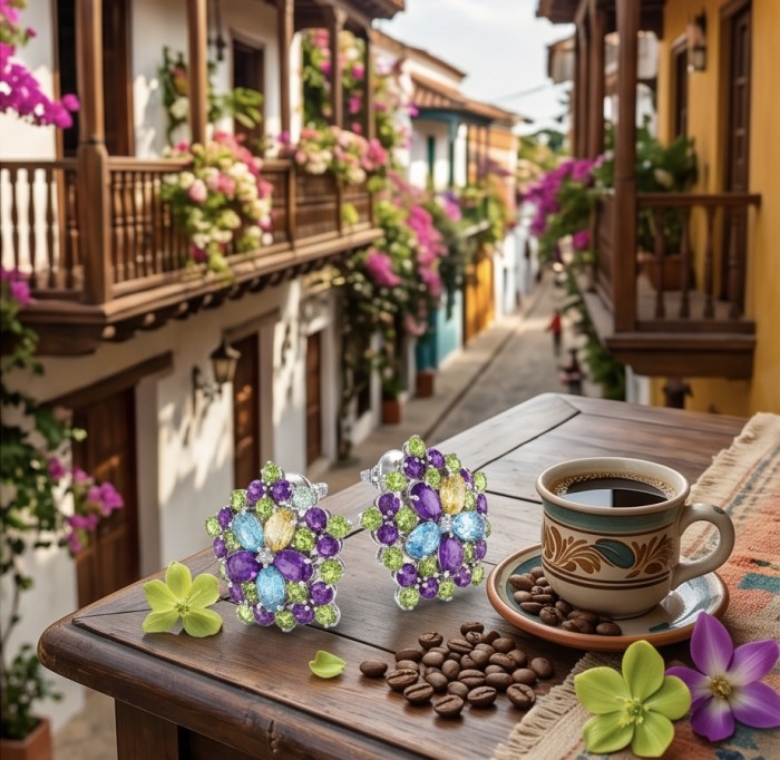 Giovanna - Authentic 14.5 carat Multigem rhodium over .925 Sterling Silver handcrafted earrings - Multicolored earrings on table with coffee and street view background