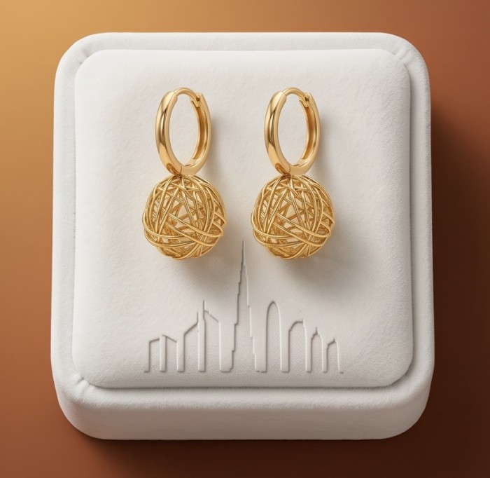 Dubai Style - Golden SPHERES .925 Sterling Silver dipped in 22K Gold handmade Earrings - Gold sphere earrings on display box, front view.