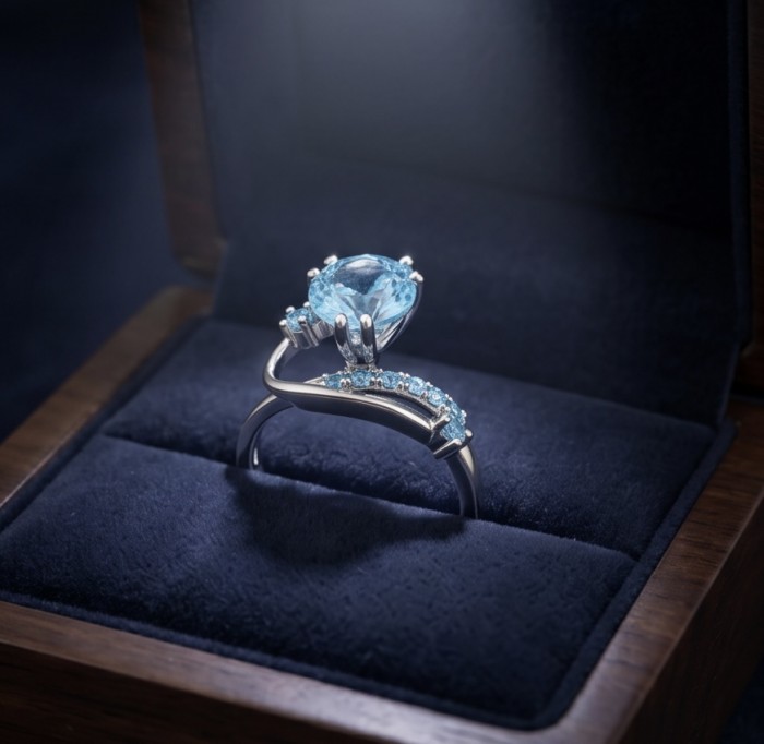 Atlantica 4.8 carat Swiss Blue Topaz .925 Sterling Silver dipped in rhodium handcrafted ring size 7 - Elegant Swiss Blue Topaz ring in box, angled view