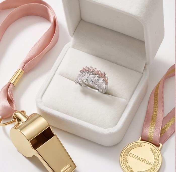 Born to Glam authentic 4.2 carat White Pink Topaz rhodium over .925 Silver handcrafted Ring s. 7 3/4 - Ring in box with medal and whistle, top view.
