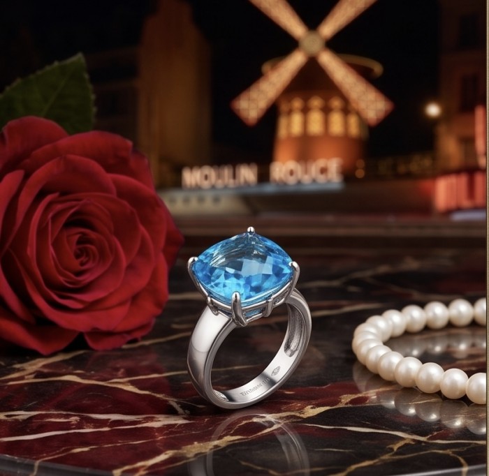 Fancy Princess cut 15.8 carat Swiss Blue Topaz .925 Sterling Silver dipped in rhodium handcrafted Large ring size 6 - Blue topaz ring close-up with rose and pearls in background.