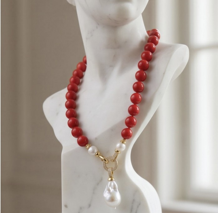 Konstancia Sublime natural Red Fossilized Coral Sterling Silver handmade Necklace - Red Fossilized Coral necklace on bust, angled front view.