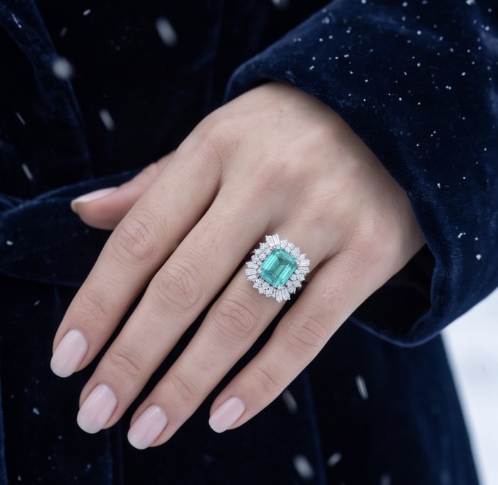 Julia asscher cut 5.8 carat Colombian Emerald 4.2 carat Moissanite .925 Sterling Silver dipped in Rhodium handcrafted Ring size 6 1/4 - Emerald ring worn on hand, asscher cut, snowy background.