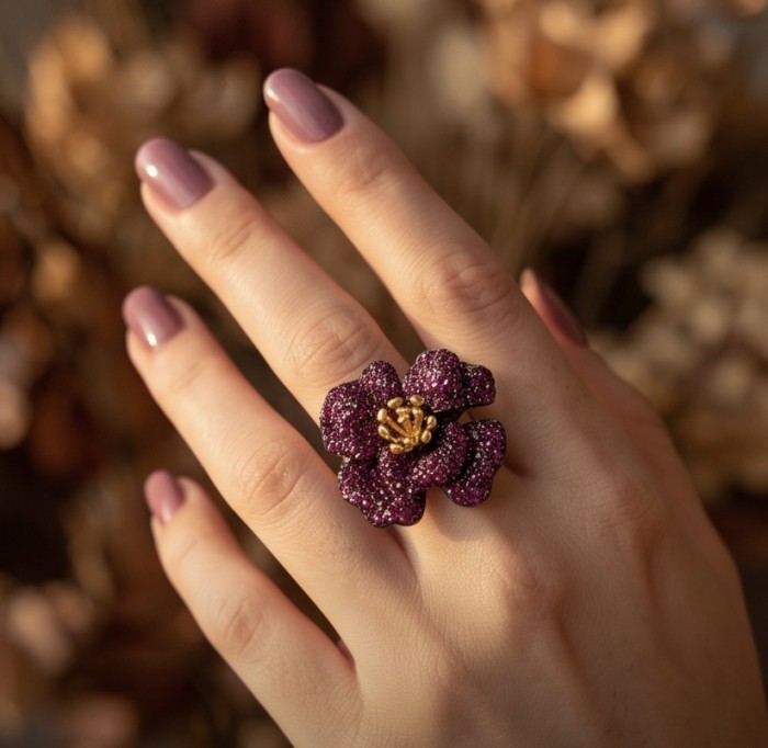 Red Rose 22.5 carat Ruby black rhodium over 18K Gold .925 Sterling Silver handcrafted ring size 6 - Red Rose 22.5 carat Ruby ring worn on hand, black rhodium over 18K Gold