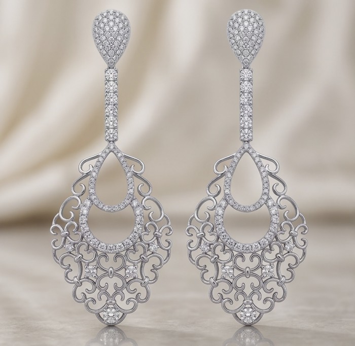 Genuine lab grown Diamond 18K White Gold over .925 Sterling Silver handcrafted Statement Earrings - Ornate diamond earrings front view in white gold over sterling silver.