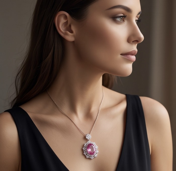 Tiffany Incredible oval cut 20.4 carat Pink Sapphire .925 Sterling Silver handcrafted pendant - Side view of model wearing Tiffany Pink Sapphire necklace
