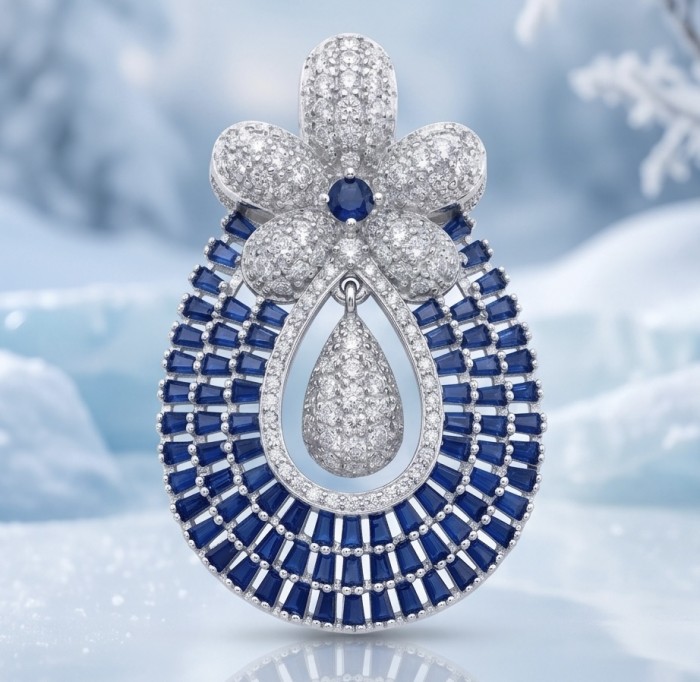 Julietta - Excellent quality 14.9 carat Sapphire rhodium over .925 Sterling Silver handcrafted Pendant - Close-up of Julietta Sapphire rhodium jewelry, detailed front view