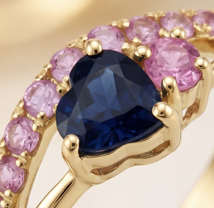 Scarlett 0.7 ctw Mozambique Ruby .925 Sterling Silver handcrafted Statement Ring size 8 - Close-up of heart-shaped blue and pink stones on gold ring.