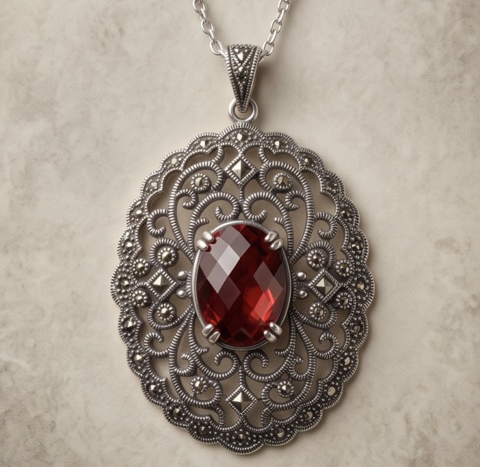Vintage Style - Precious - Genuine 14.5 carat Ruby Marcasite Rhodium over .925 Sterling Silver handmade Pendant - Close-up of vintage-style pendant with 14.5 carat ruby and marcasite.