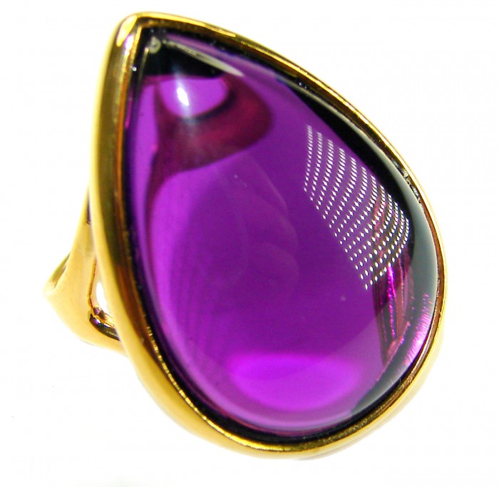 Purple Drop 22.2 carat Amethyst 14K Gold over .925 Sterling Silver Handcrafted Large Ring size 6 - Purple amethyst ring close-up, teardrop shape, gold setting.