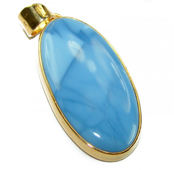 Rare - Huge Amazing Angelite 14K Gold over .925 Sterling Silver Pendant - Close-up of a blue angelite pendant in gold and sterling silver setting.
