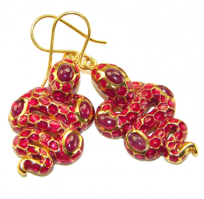 Red Cobra Snakes Genuine Enamel Ruby 18K Gold over .925 Sterling Silver handcrafted Earrings - Close-up of red enamel snake earrings with ruby and gold accents.