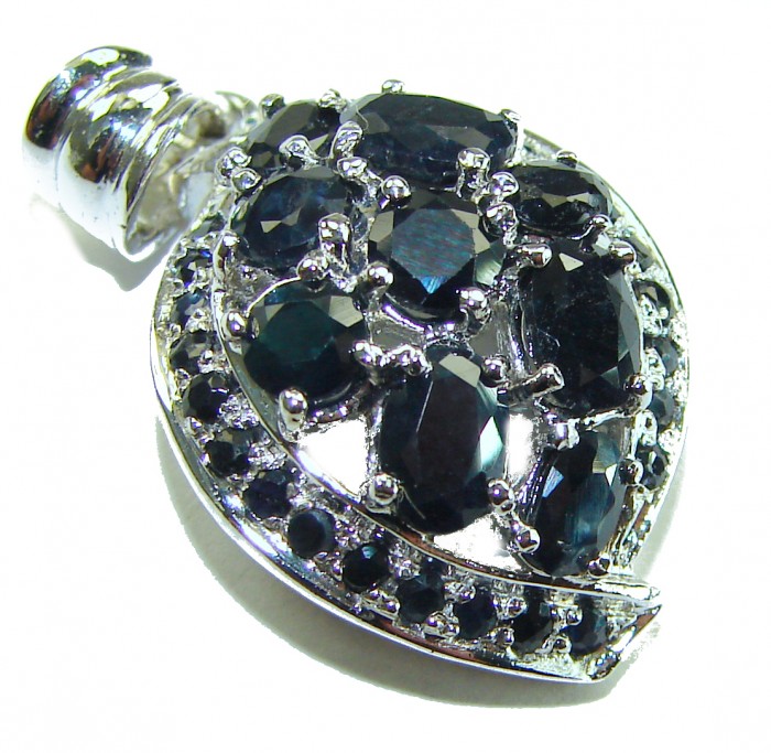 Fancy Blue Authentic 8.5 carat Sapphire .925 Sterling Silver handmade pendant - Close-up of sapphire pendant in sterling silver setting