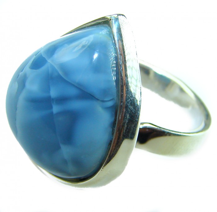 Rare and Spectacular 22.9 carat authentic Andean (Peruvian) Blue Opal .925 Sterling Silver Handcrafted Ring size 7 - Close-up of blue Andean gemstone ring, side view.