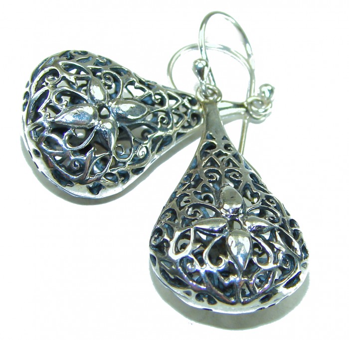 Free Spirit- bohemian Style .925 Sterling Silver handmade Bali made Oversized Earrings - Teardrop earrings, intricate filigree design, overhead view.