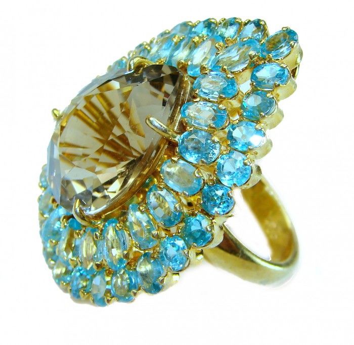 Celestial Power 49.5 carat Champagne Smoky Topaz 14K Gold over .925 Sterling Silver HUGE Ring size 7 1/4 - Close-up of Celestial Power ring with smoky topaz and blue stones
