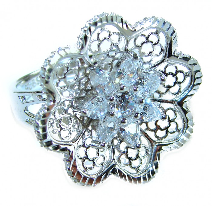 Aphrodite - 2.6 carat White Topaz .925 Sterling Silver handcrafted ring size 7 - Ornate flower ring with white topaz, top view, sterling silver setting