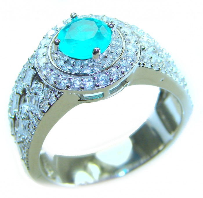 Eau Pure 2.5 carat Paraiba Tourmaline .925 Sterling Silver Handcrafted Ring size 8 1/4 - Side view of Eau Pure Paraiba Tourmaline ring in sterling silver.