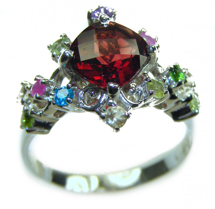 Natural 3.9 carat Ruby .925 Sterling Silver handmade Statement Ring size 6 1/4 - Ruby ring in sterling silver, top view, showing multicolor gemstone accents.