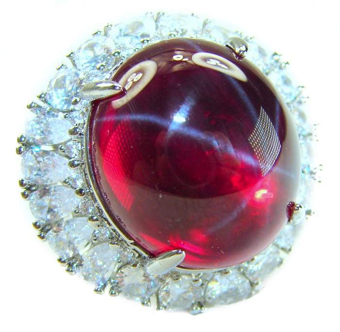 Bella Rosa Genuine 27.4 CARAT Star Ruby .925 Sterling Silver Large Statement Ring size 8 - Close-up of Bella Rosa 27.4 carat star ruby in sterling silver setting.