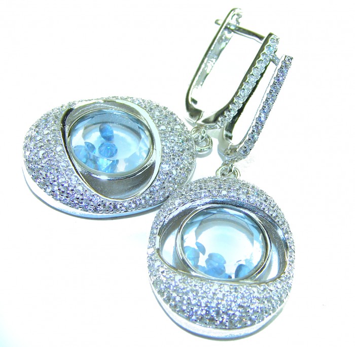 Floating Memories 11.5 carat Sapphire .925 Sterling Silver Handcrafted Statement earrings - Sapphire earrings close-up, floating stones, sterling silver setting.