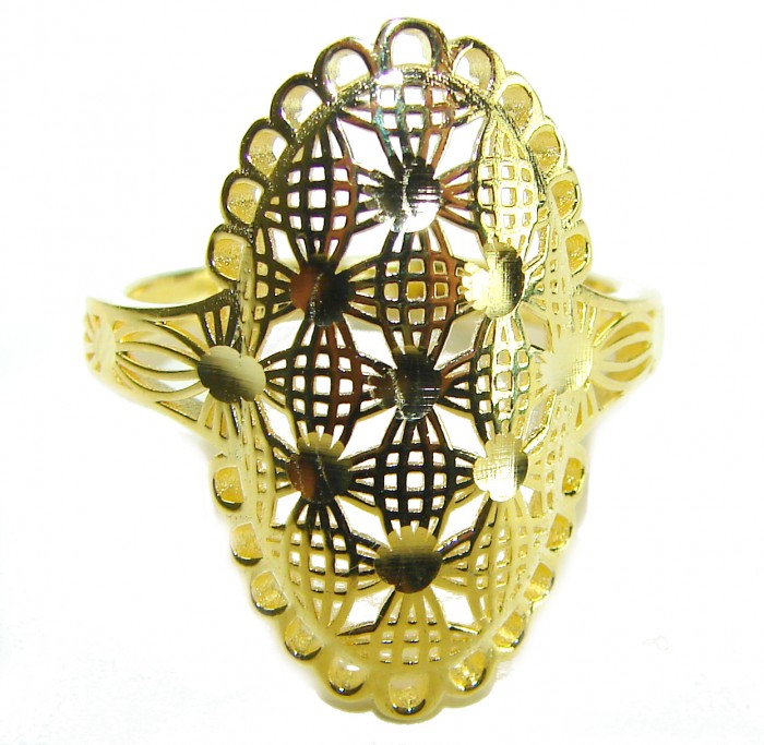 Dubai Style - .925 Sterling Silver dipped in 22K Gold handmade Large ring size 10 - Gold-dipped intricate ring, top view, showcasing filigree design.