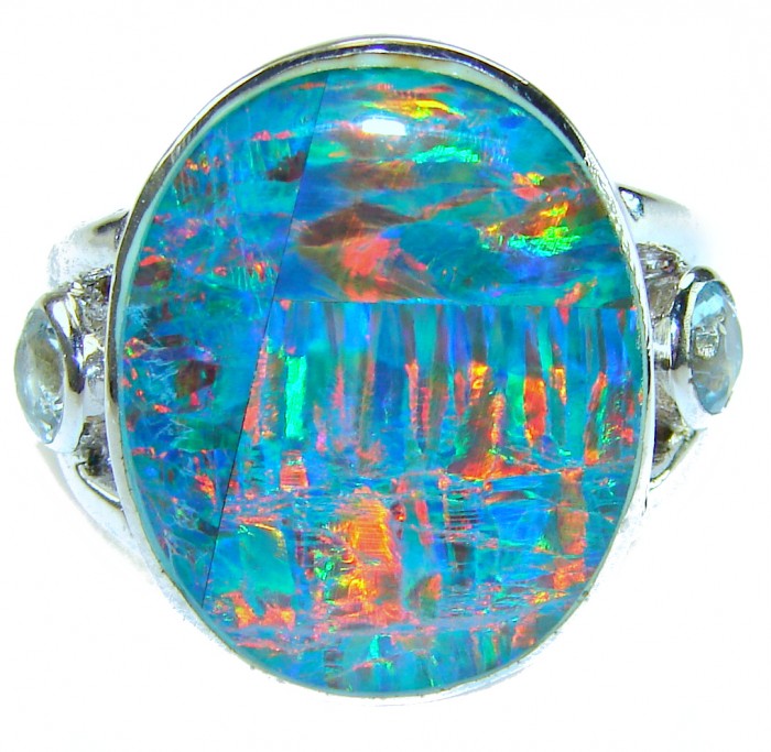 Endless Ocean Genuine 18.2 carat Australian Opal .925 Sterling Silver handmade Ring size 6 - Close-up of Endless Ocean Australian Opal ring with vibrant colors