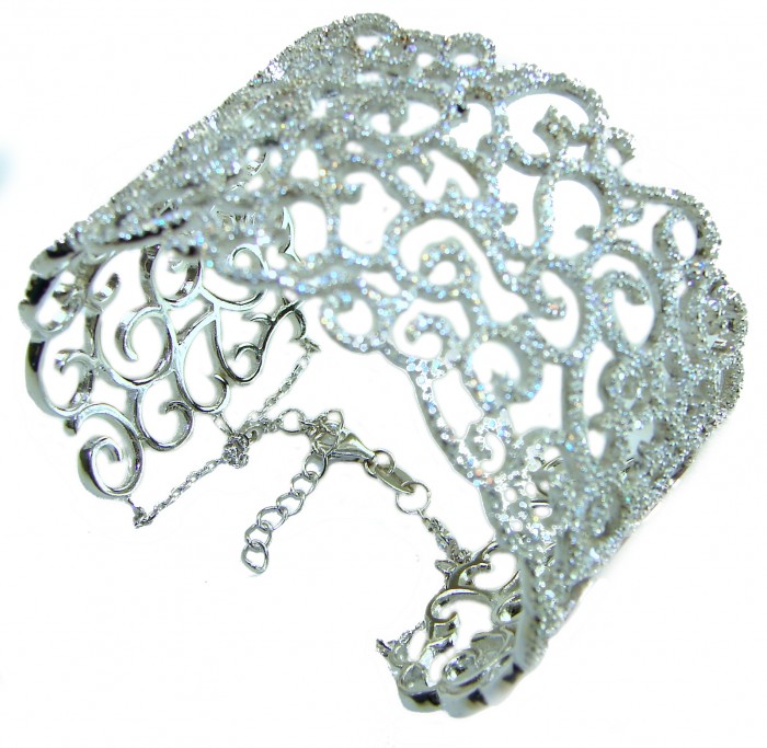 Spectacular! A Million Stars 43.8 carat White Sapphire .925 Sterling Silver Bracelet / Cuff - Side view of intricate white sapphire bracelet with clasp detail.