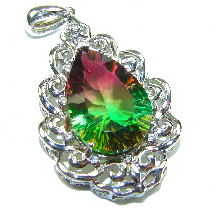 25.2 carat pear cut Brazilian Tourmaline .925 Sterling Silver Perfectly handcrafted pendant - Pear cut tourmaline pendant with ornate sterling silver setting, close-up.