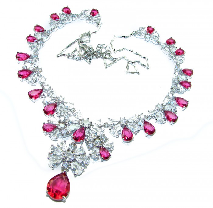 Giovanna - Magnificent Jewel 22.5 carat Ruby .925 Sterling Silver handcrafted incredible Statement necklace - Necklace with rubies and crystals, top view, loose chain detail