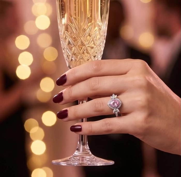 Anastasia 4.2 carat Pink Topaz .925 Sterling Silver Handcrafted Statement Ring size 6 - Pink topaz ring on hand holding champagne glass, front view.