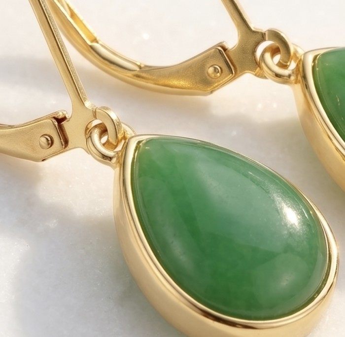 Unique genuine Jade 18K Gold over over .925 Sterling Silver handcrafted earrings - Close-up of jade stone earrings in 18K gold over sterling silver.