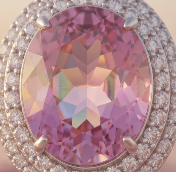 Incredible oval cut 18.8 carat Pink Sapphire .925 Sterling Silver handcrafted pendant - Close-up of 18.8 carat oval pink sapphire with diamond halo.