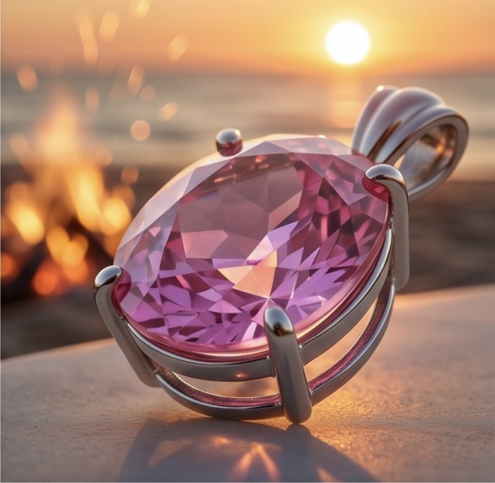 Oval cut 28.8 carat Bubblegum Pink Sapphire from Madagascar .925 Sterling Silver handcrafted pendant - Close-up of oval cut Bubblegum Pink Sapphire pendant at sunset.