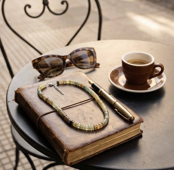 Giovanna - Top quality 95.80 grams Natural Fluorite .925 Sterling Silver handcrafted 22 inches necklace - Necklace on book with sunglasses and coffee; fluorite detail.
